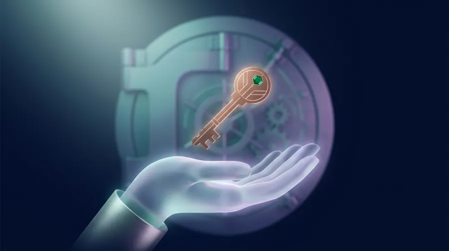 Illustration: a single key resting in an open palm, before a vault door